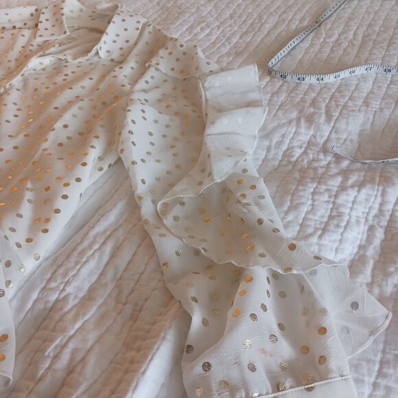 White and Gold Polka Dot Ruffled Button Up Blouse Business Casual Womens Large - Picture 2 of 4